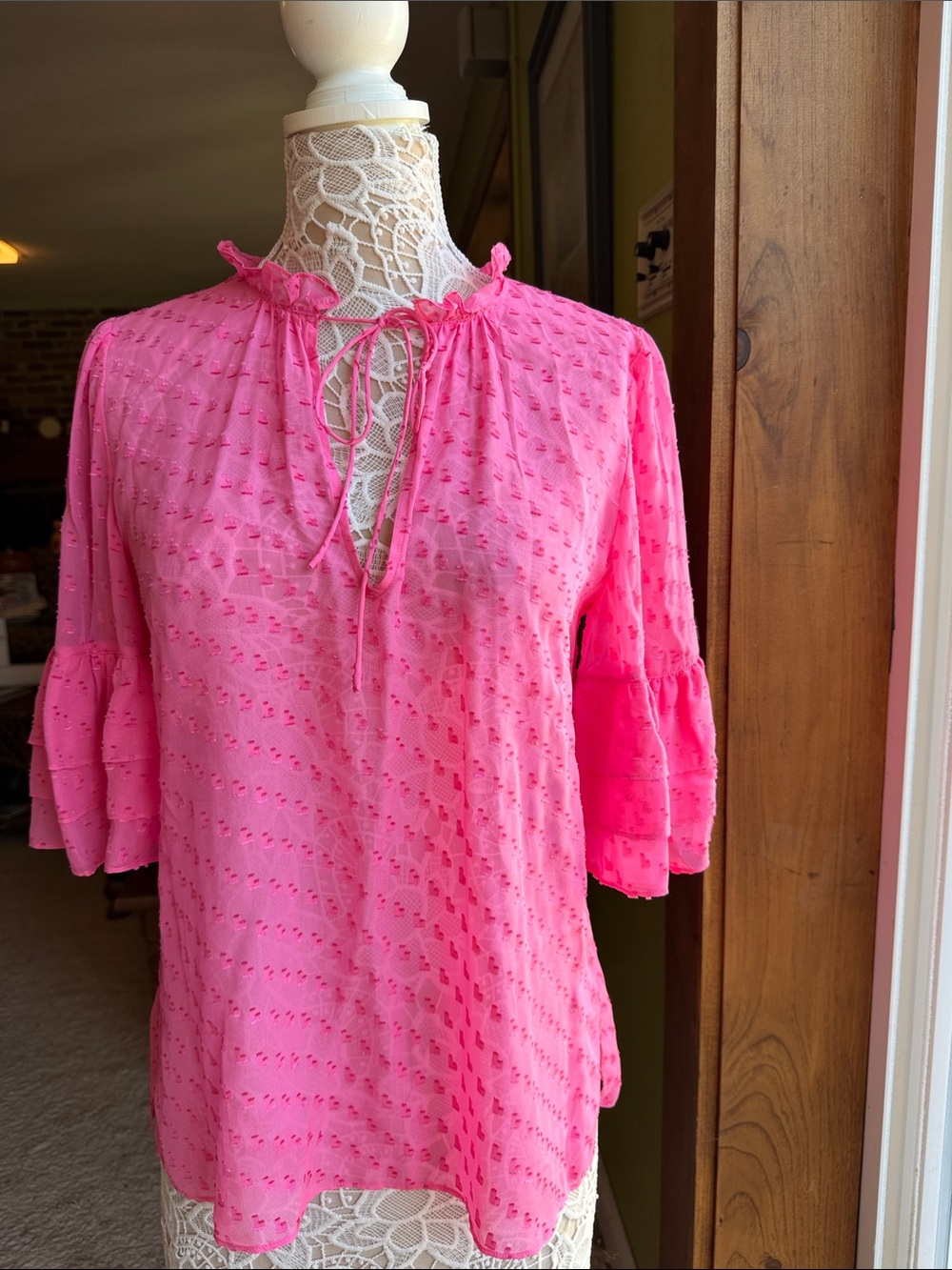 Alice + Olivia Bright Pink Tie-Neck Swiss Dot Blouse